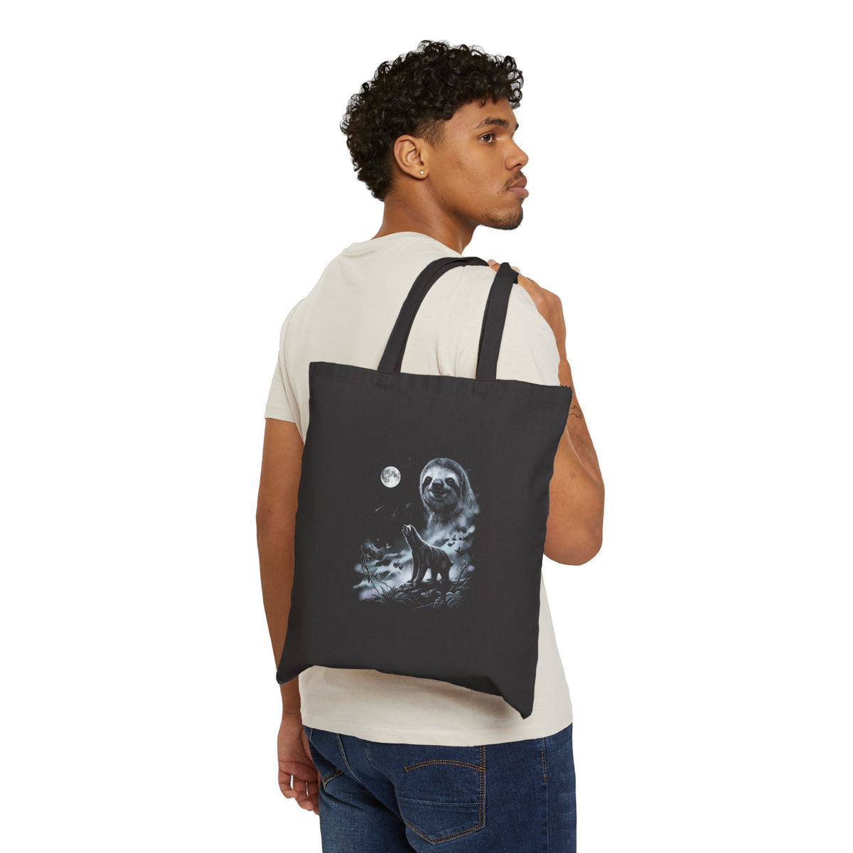 Airbrushed 1990s-style art of a sloth howling at a full moon in cold monochrome moonlight.