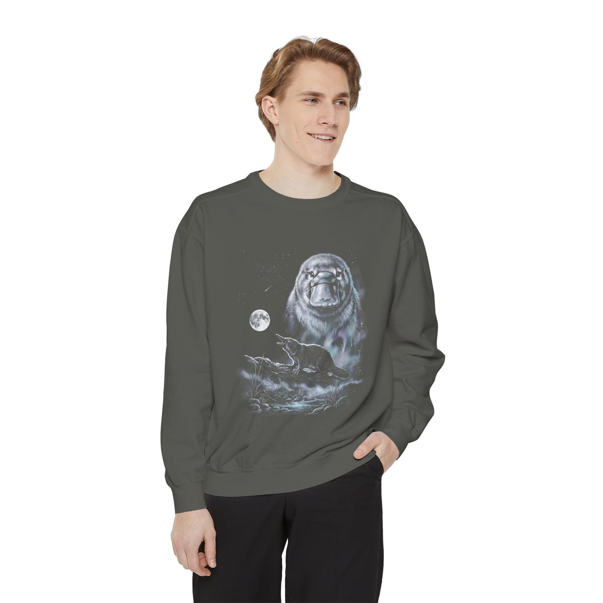 Airbrushed platypus howling at a full moon in cold monochrome moonlight, 1990s nature-tee style artwork.
