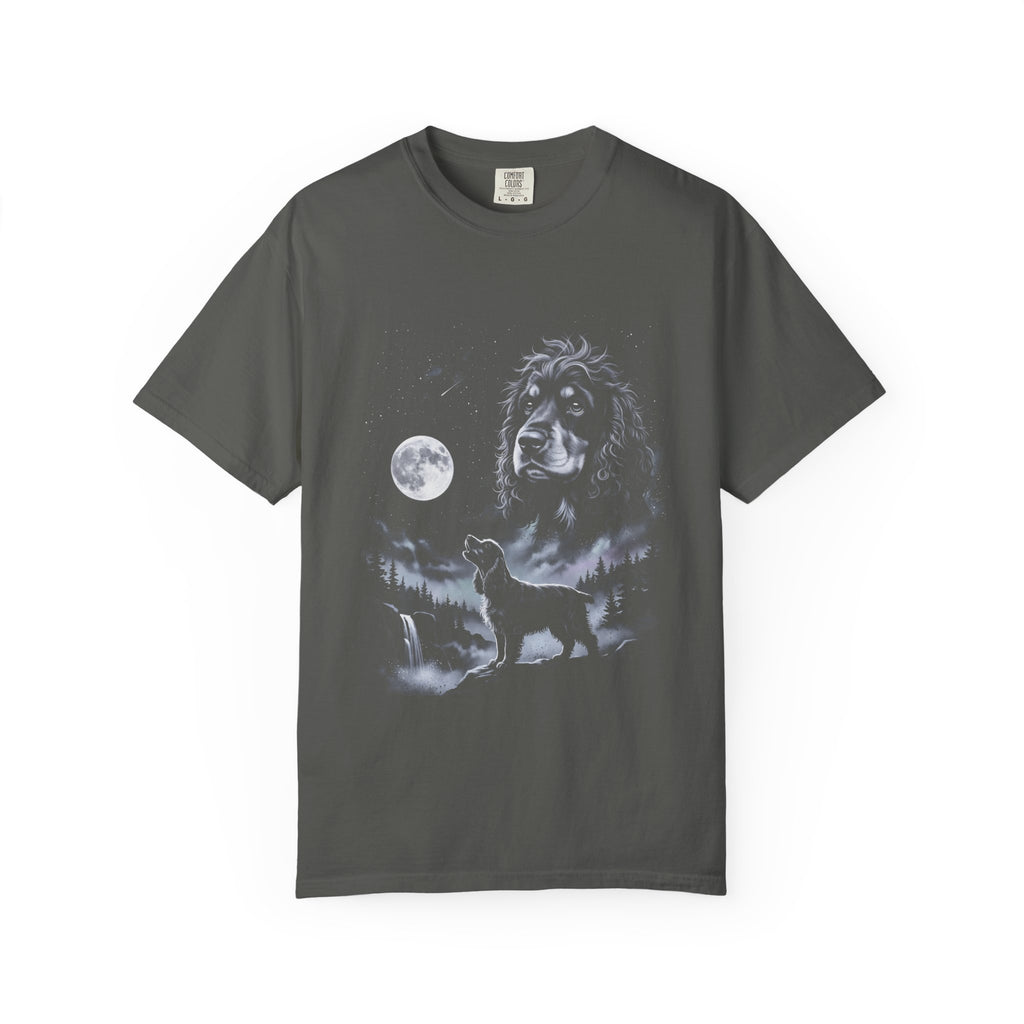 Airbrushed cocker spaniel howling at the moon in cold silver and near-black, retro 1990s nature-tee art style.