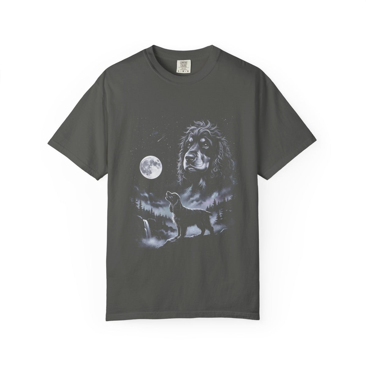 Airbrushed cocker spaniel howling at the moon in cold silver and near-black, retro 1990s nature-tee art style.