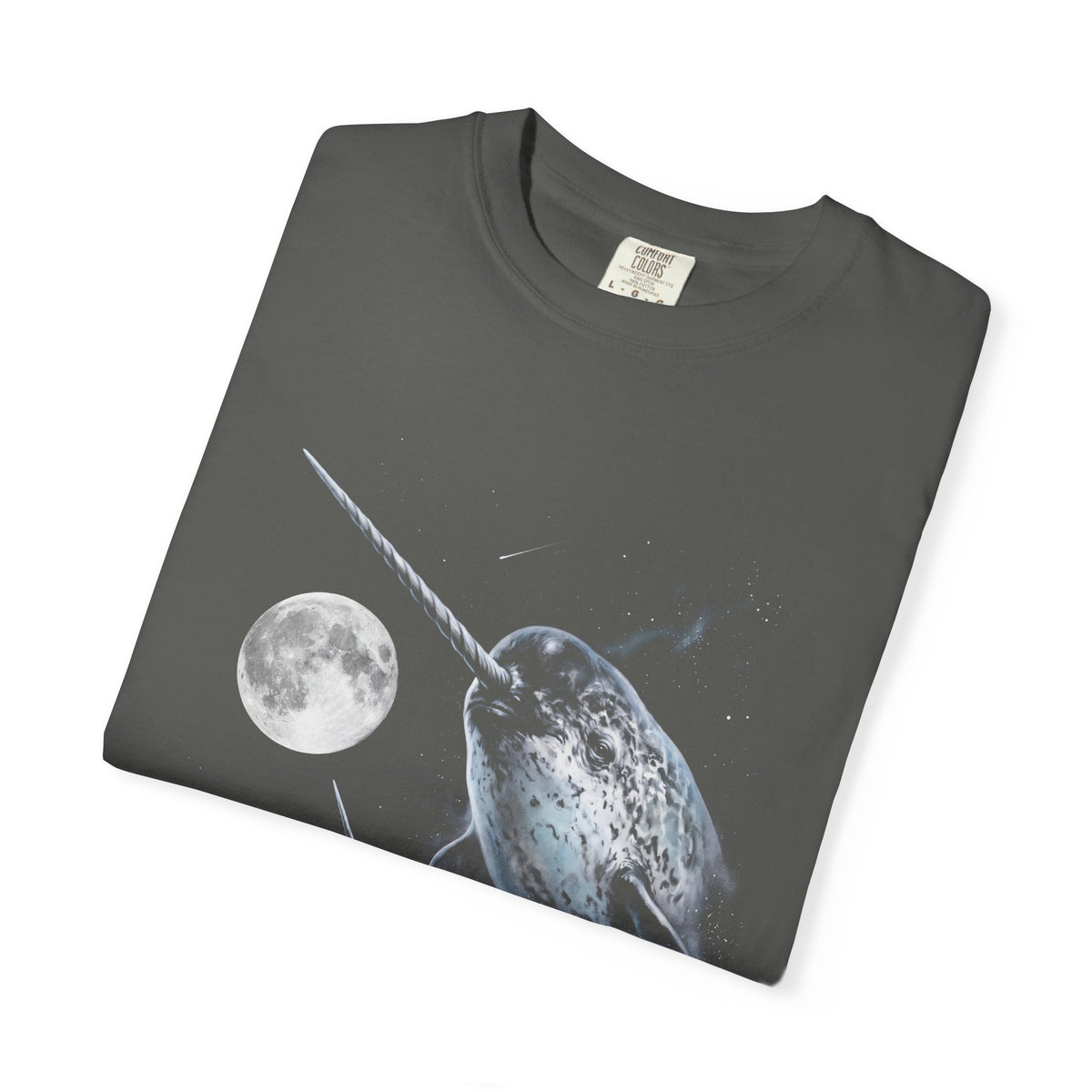 Airbrushed 1990s-style narwhal howling at the moon in cold monochrome blues and greys on black tee.