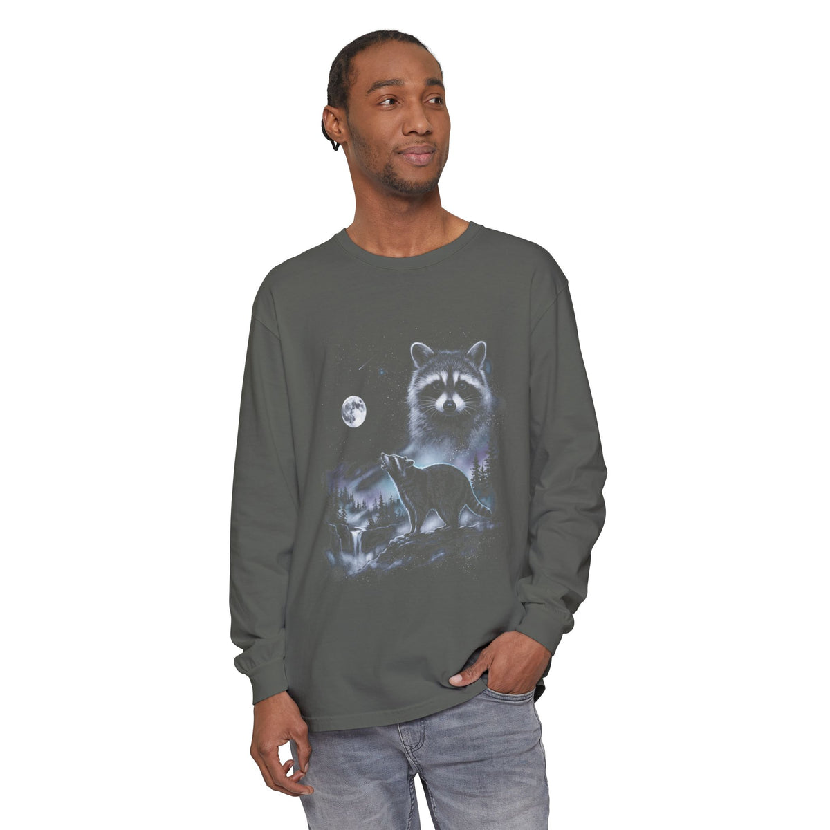 Airbrushed raccoon howling at a cold moon, monochrome blue-grey nature-tee art on black background.