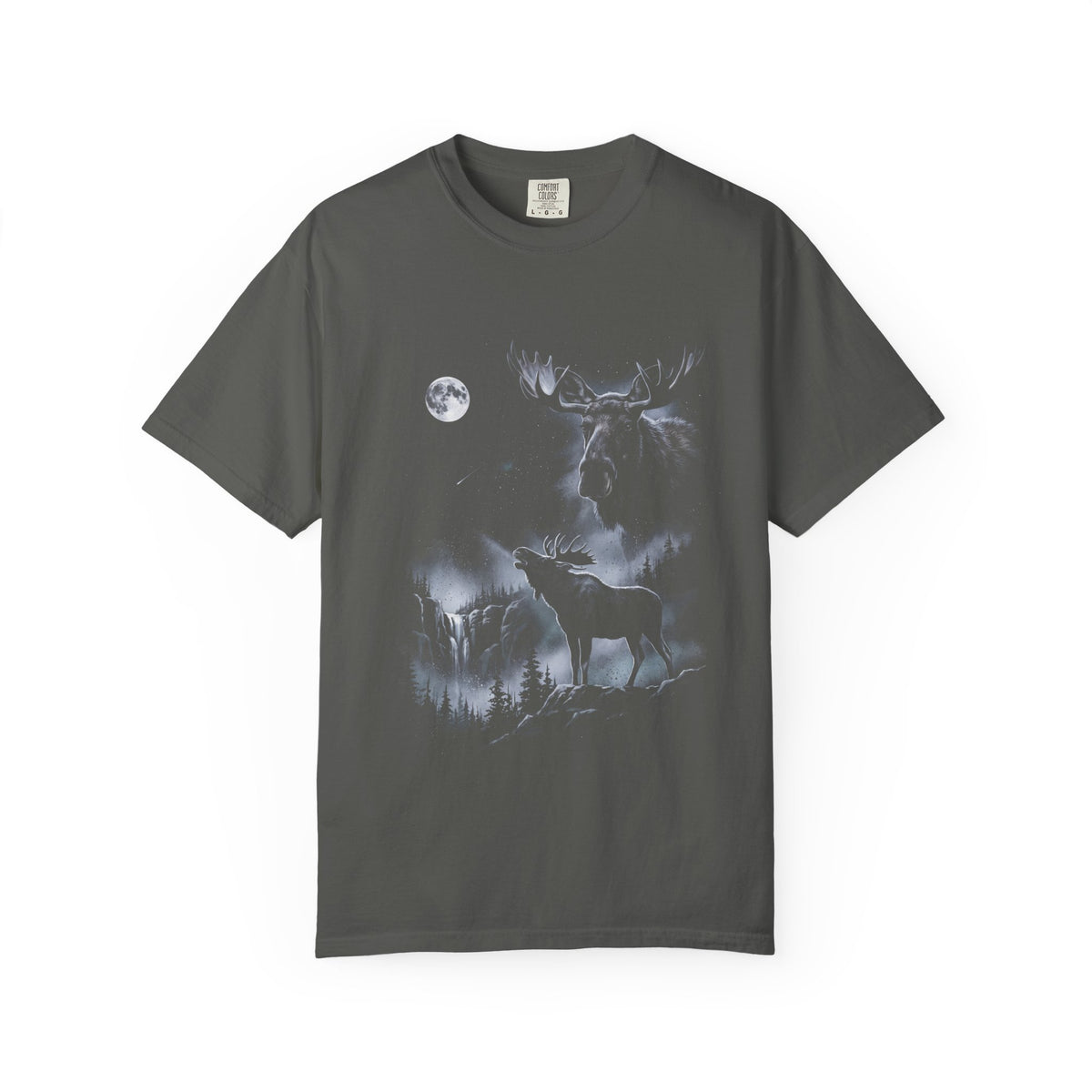 Airbrushed 1990s-style art of a moose howling at the moon in cold silver, grey, and ice blue on black.