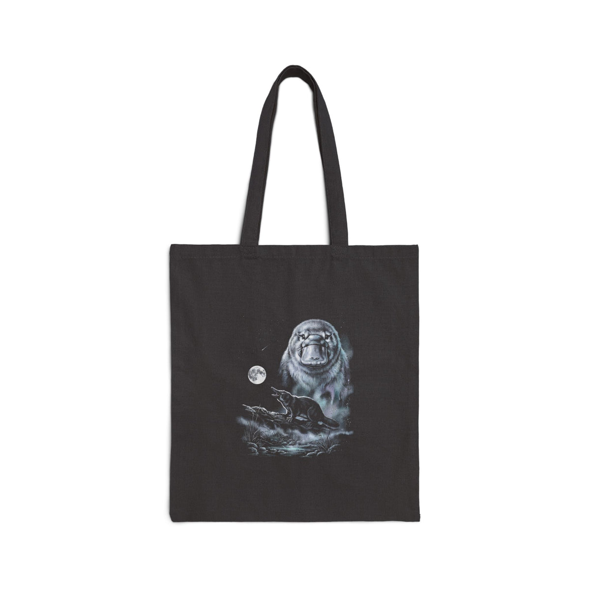 Airbrushed black-and-white 1990s-style illustration of a platypus howling at the moon on a black background.