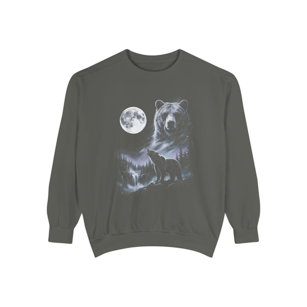 Airbrushed bear howling at a cold moon in white, silver, and ice blue on black, 1990s nature-tee style.