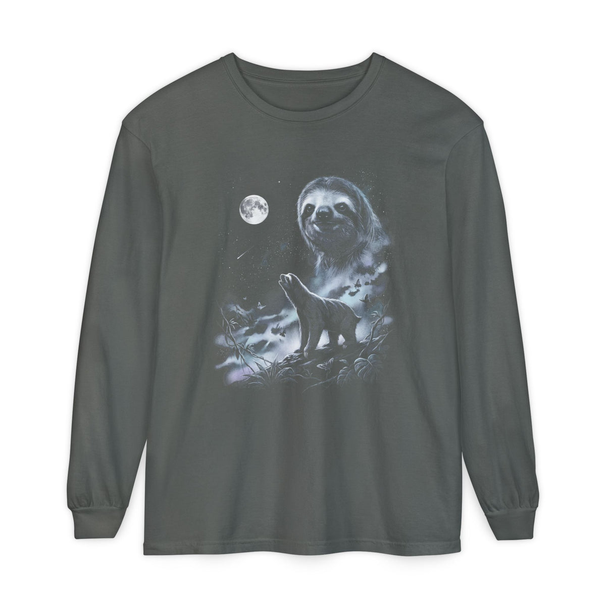 1990s airbrush art of a sloth howling at the moon in silver, ash grey, and ice blue on black.