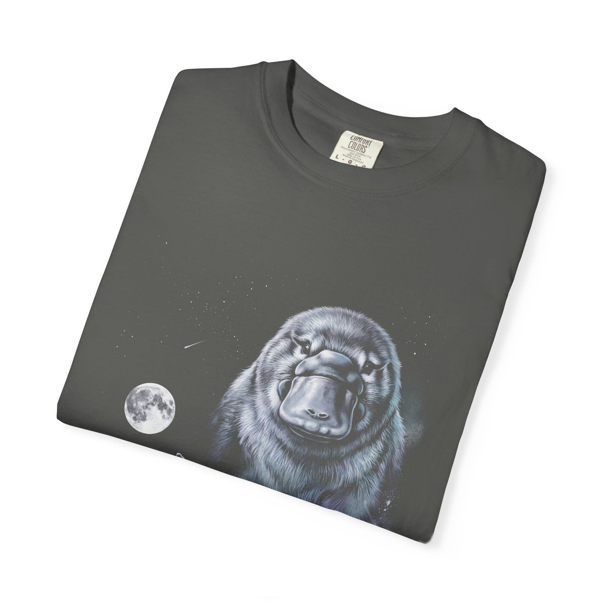 Airbrushed platypus howling at a cold monochrome moon, in classic 1990s nature-tee art style, on black.