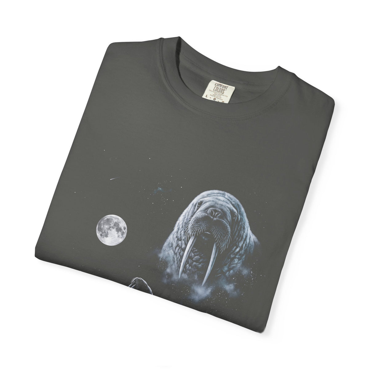 Retro airbrushed walrus howling at the moon in white, silver, and ice blue on black, 90s nature-tee style.