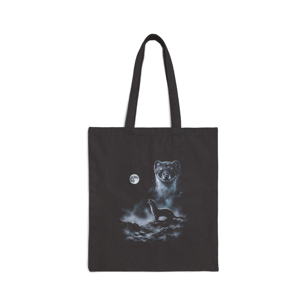 Airbrushed weasel howling at a cold moon in white, silver and ice blue on black, 1990s nature-tee style artwork.
