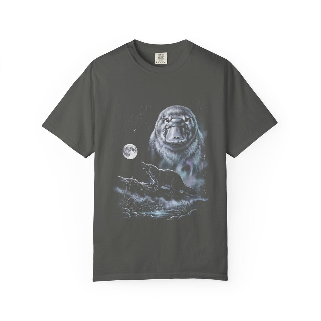 Airbrushed platypus howling at a cold monochrome moon, in classic 1990s nature-tee art style, on black.