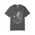 Airbrushed platypus howling at a cold monochrome moon, in classic 1990s nature-tee art style, on black.