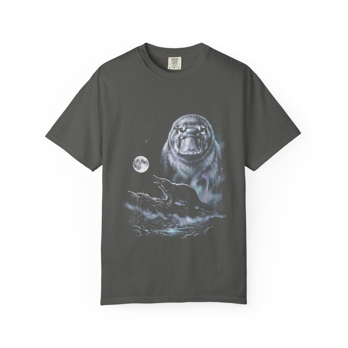Airbrushed platypus howling at a cold monochrome moon, in classic 1990s nature-tee art style, on black.