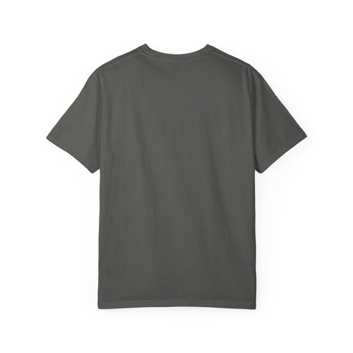 Photorealistic double-exposure design of a capybara howling at a full moon over misty hills, in cream and gold on a dark tee.