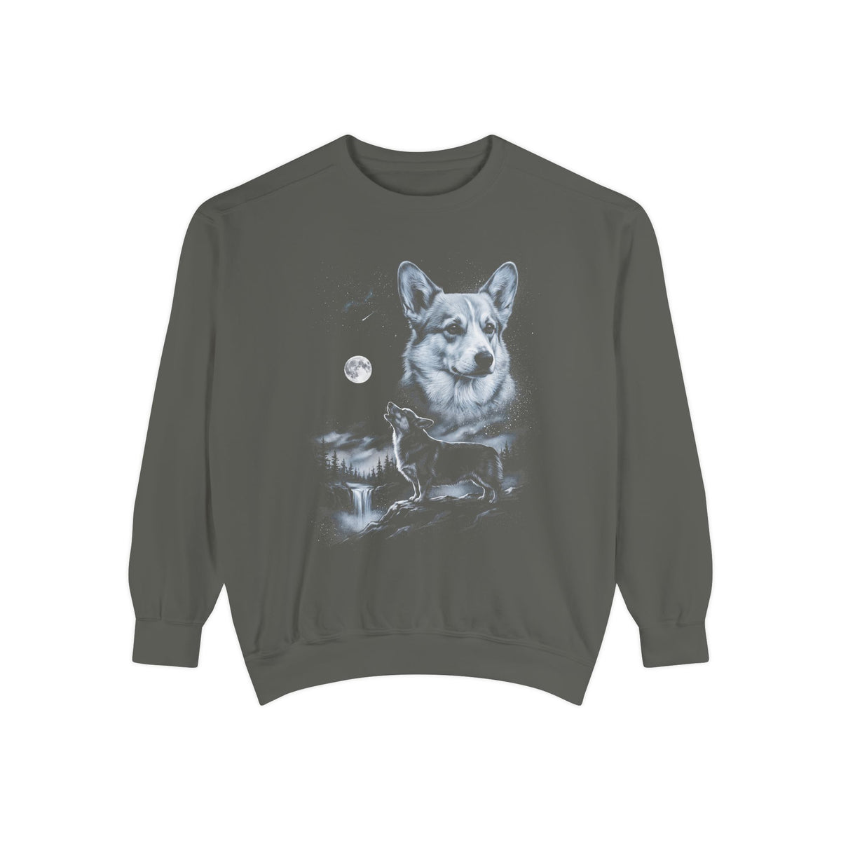 Airbrushed 1990s-style corgi howling at a cold moonlit sky, in ash grey and icy blue on black.