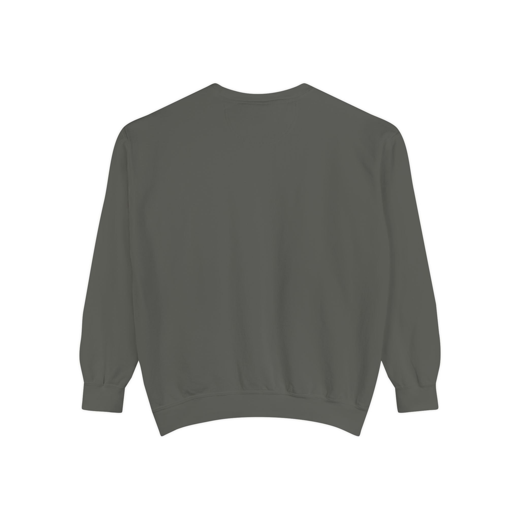 Dark crewneck with cream and gold double-exposure art of a wolf portrait above a wolf howling at a full moon.