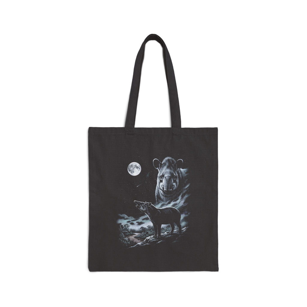Airbrushed black-and-silver tapir howling at the moon on black canvas, 1990s nature-tee art style.