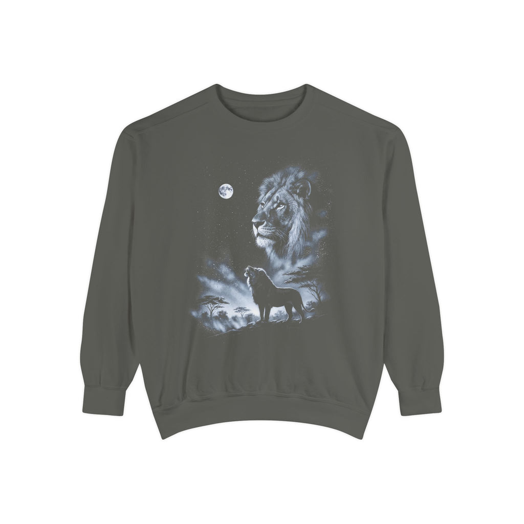 Airbrushed lion howling at the moon in white, silver and ice blue against black, 1990s nature-tee style.