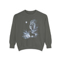 Airbrushed lion howling at the moon in white, silver and ice blue against black, 1990s nature-tee style.