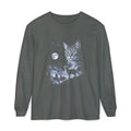Airbrushed cold-moonlight artwork of a house cat howling at the moon, 1990s nature-tee style in white, silver and ice blue…