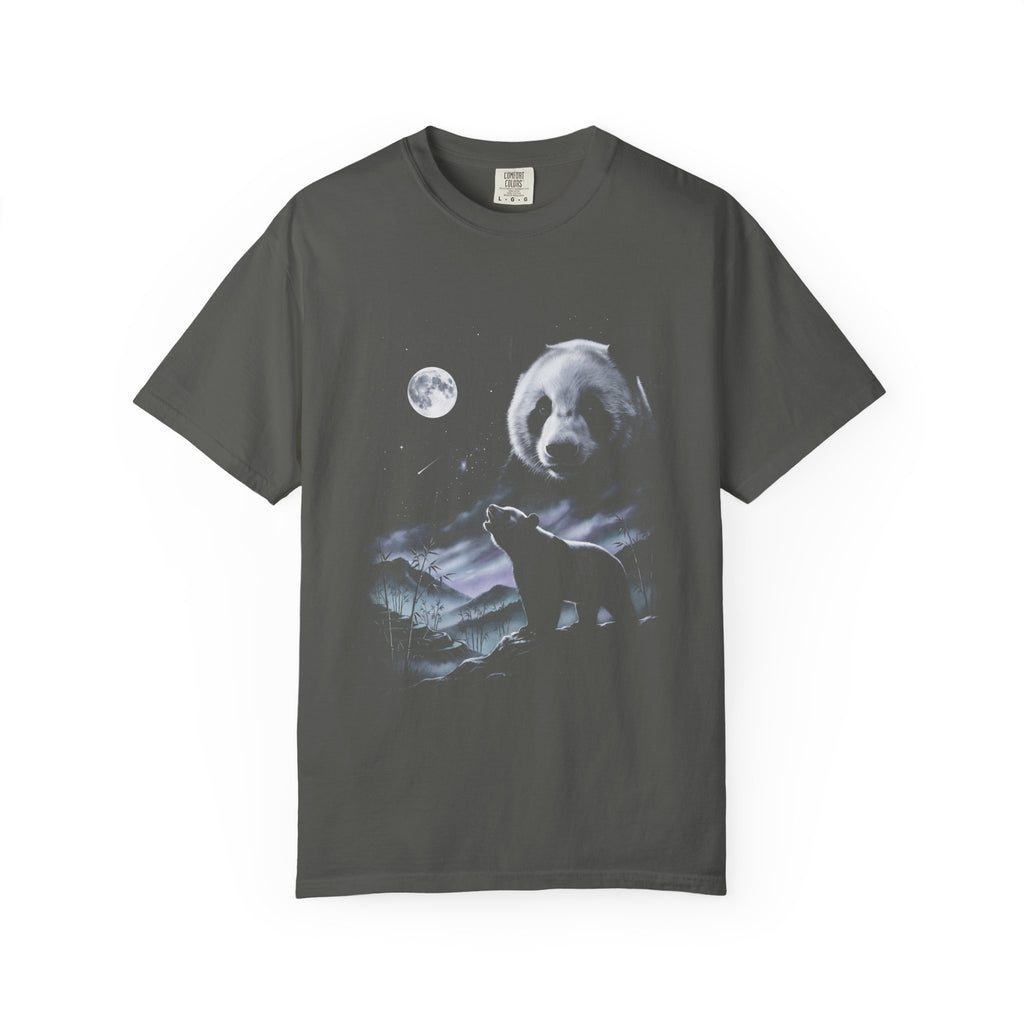Airbrushed 1990s-style art of a panda howling at the moon in cold white, silver, and ice-blue tones on black.
