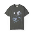 Airbrushed 1990s-style art of a panda howling at the moon in cold white, silver, and ice-blue tones on black.