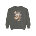 Dark crewneck with cream and gold double-exposure art of a wolf portrait above a wolf howling at a full moon.