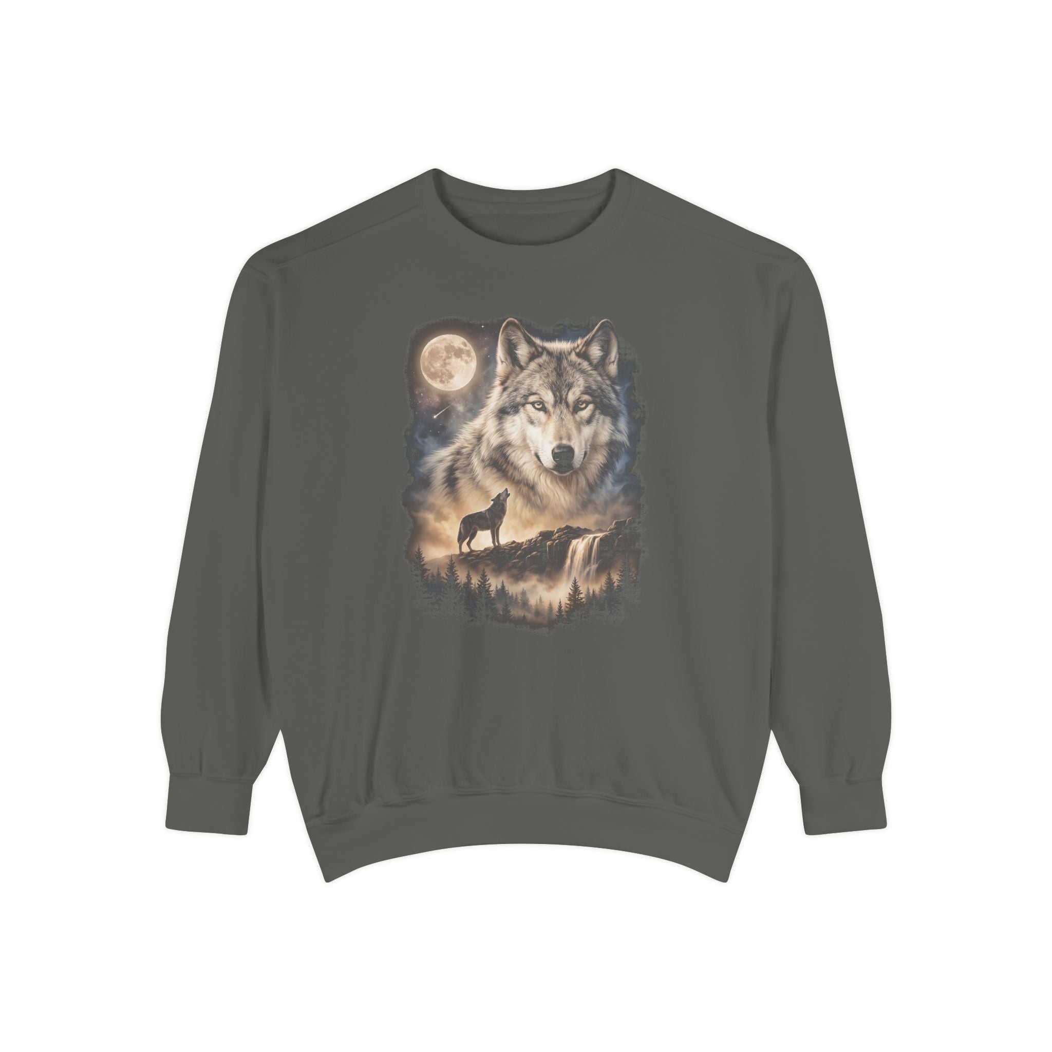 Dark crewneck with cream and gold double-exposure art of a wolf portrait above a wolf howling at a full moon.