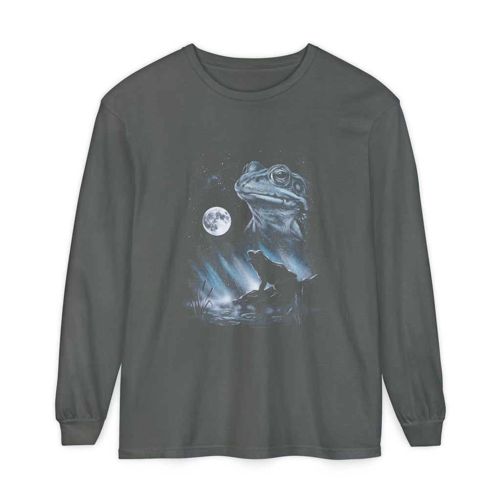 Airbrushed 1990s-style print of a frog howling at the moon in cold moonlight tones on black.