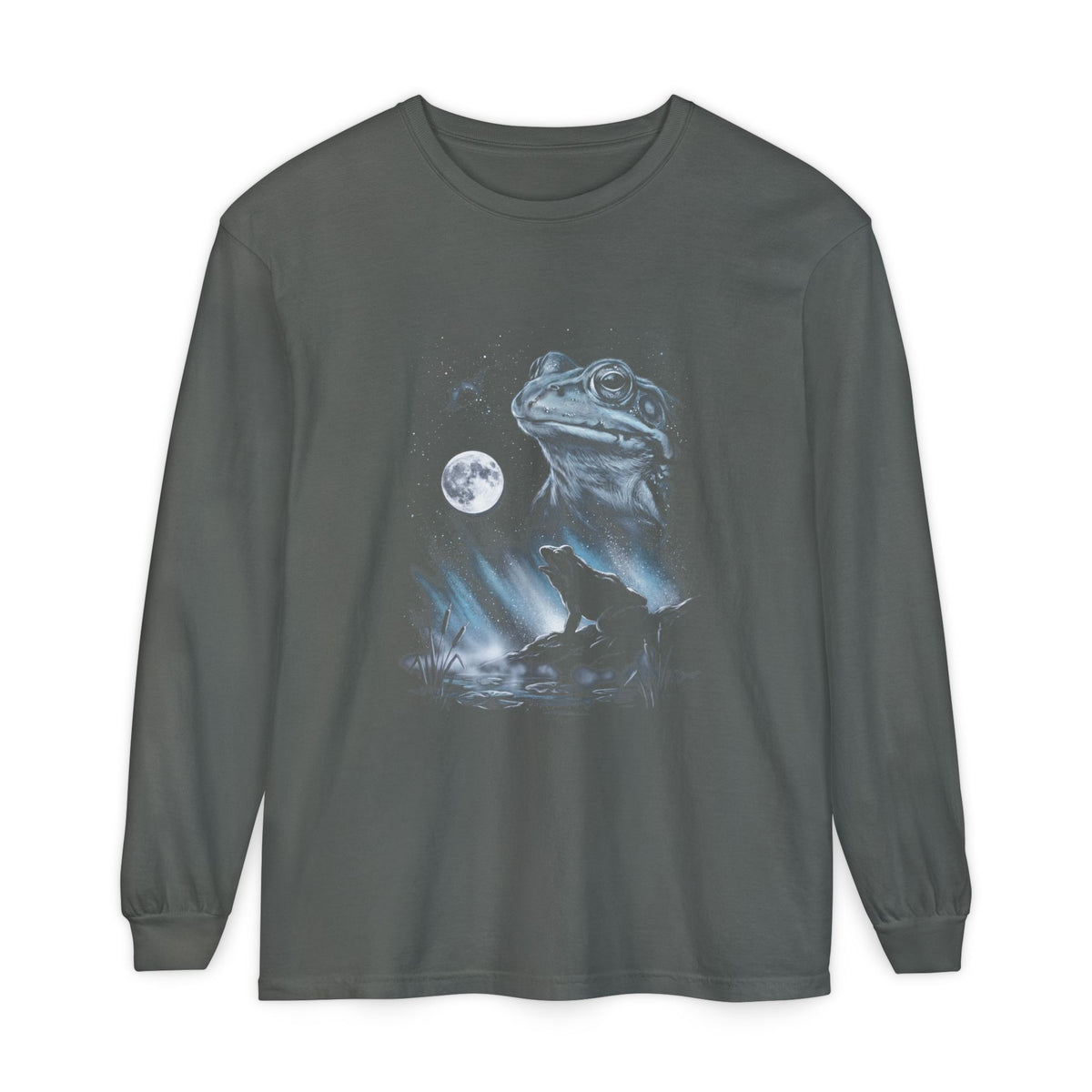 Airbrushed 1990s-style print of a frog howling at the moon in cold moonlight tones on black.