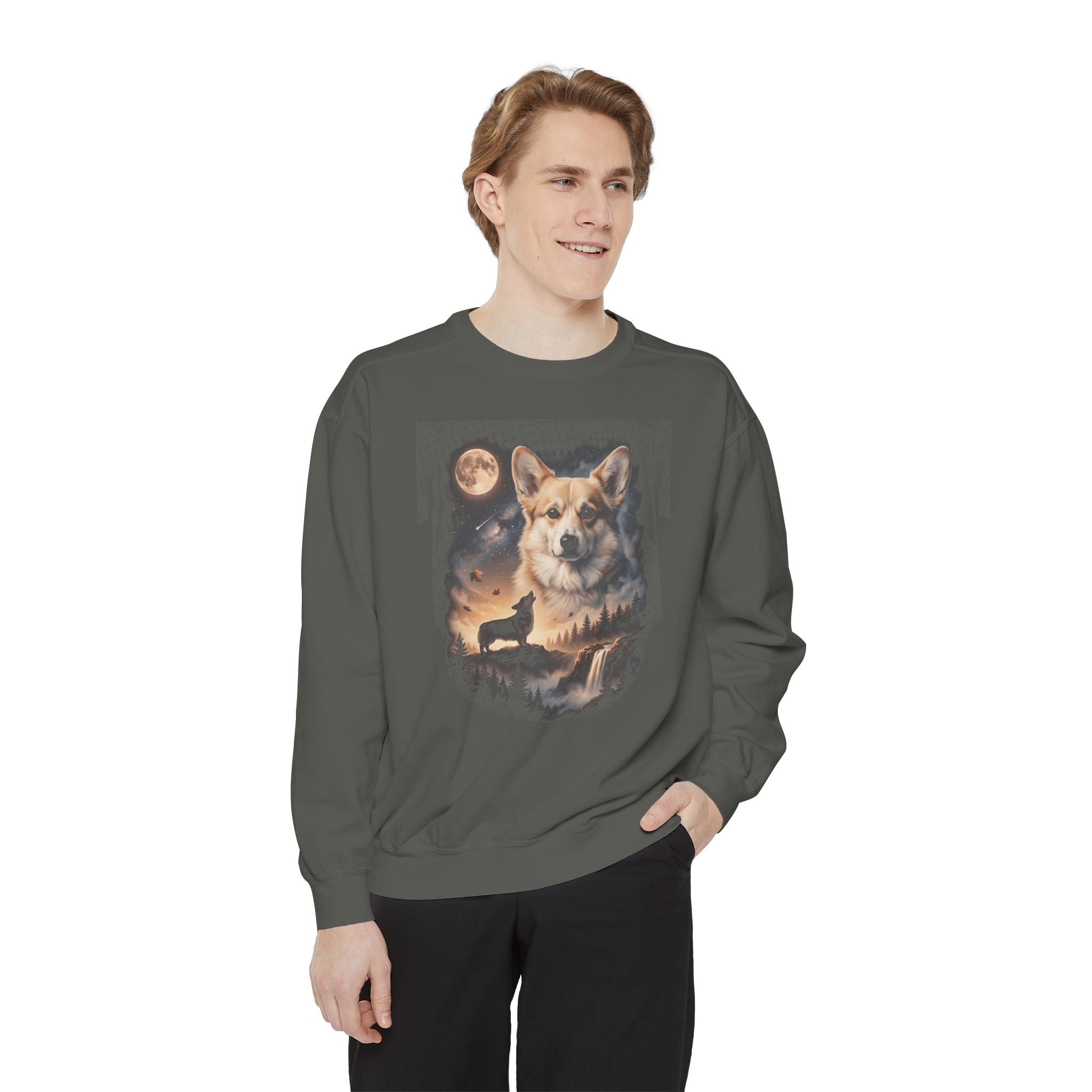 Dark crewneck with airbrushed art of a corgi above a smaller corgi howling at a full moon over misty hills