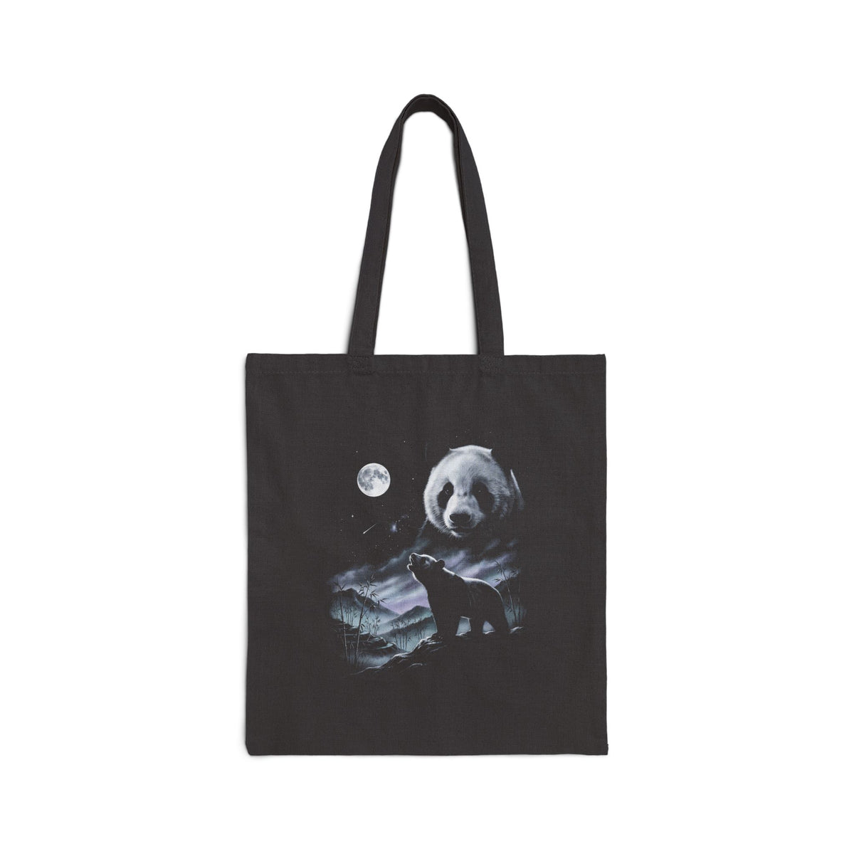Airbrushed panda howling at the moon in cold white, silver, and ice blue tones on black, 1990s nature-art style.