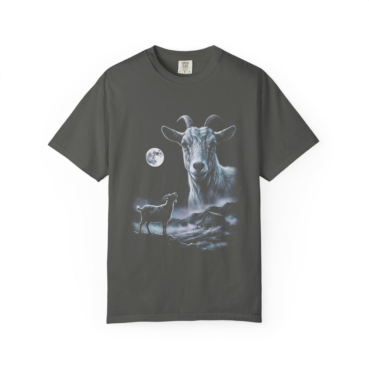 Airbrushed illustration of a goat howling at a cold moonlit sky, in white, silver, and ice-blue tones on black.