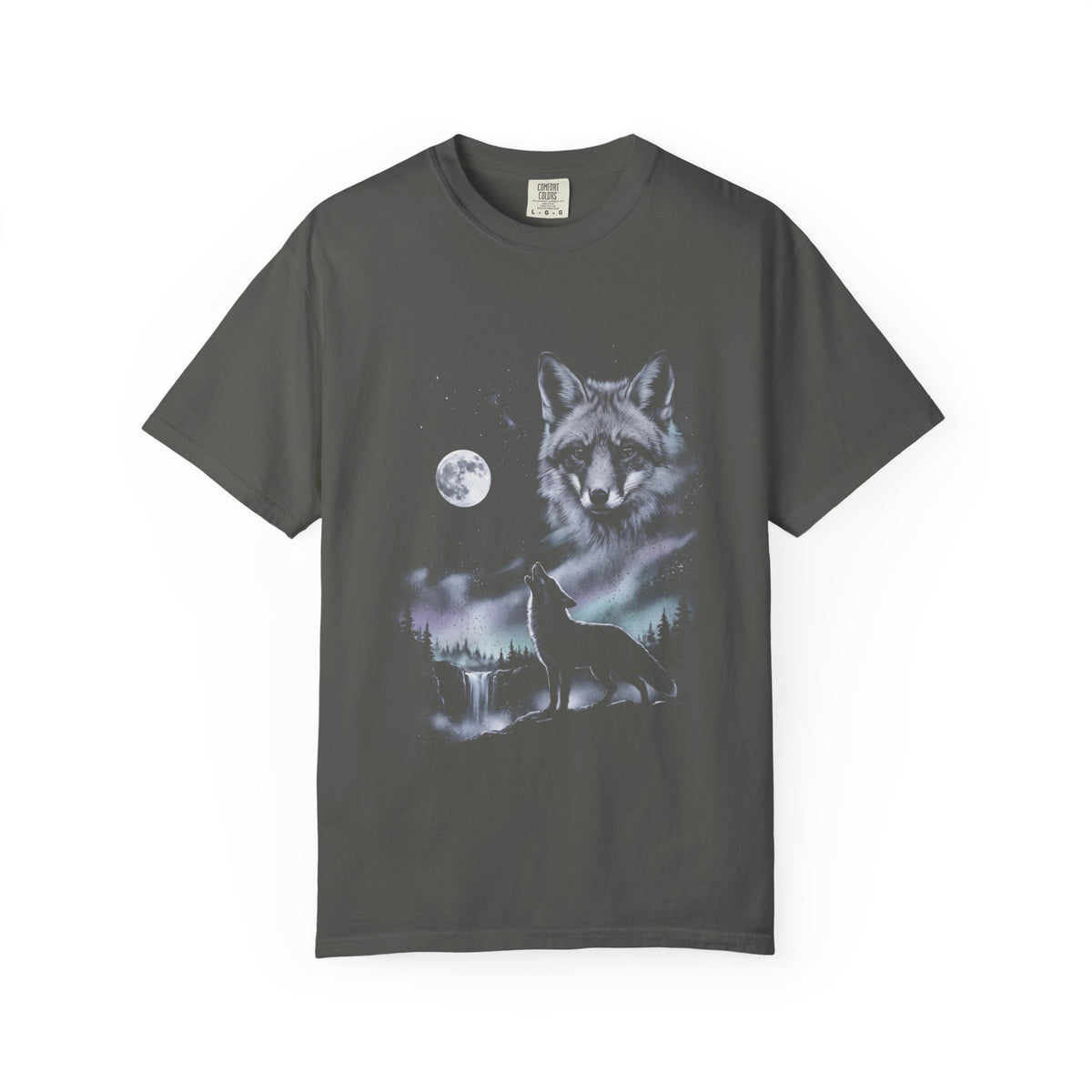 Airbrushed fox howling at the moon in cold white, silver, and ice blue against black, 1990s nature-tee style.