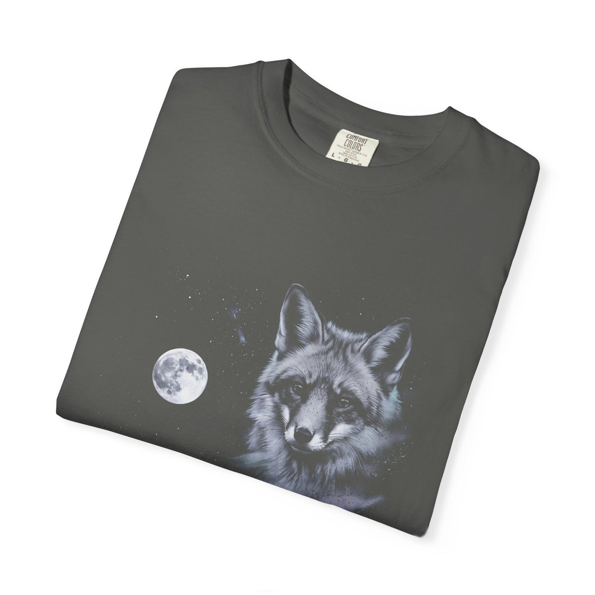 Airbrushed fox howling at the moon in cold white, silver, and ice blue against black, 1990s nature-tee style.