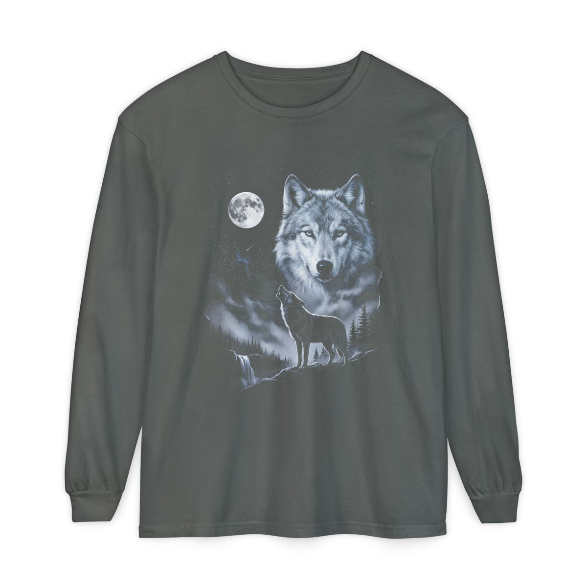 Airbrushed wolf howling at a full moon in cold monochrome moonlight, 1990s nature-tee style, on black background.