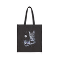 Black cotton tote with cold-toned airbrushed art of a house cat howling at the moon, 1990s nature-tee style