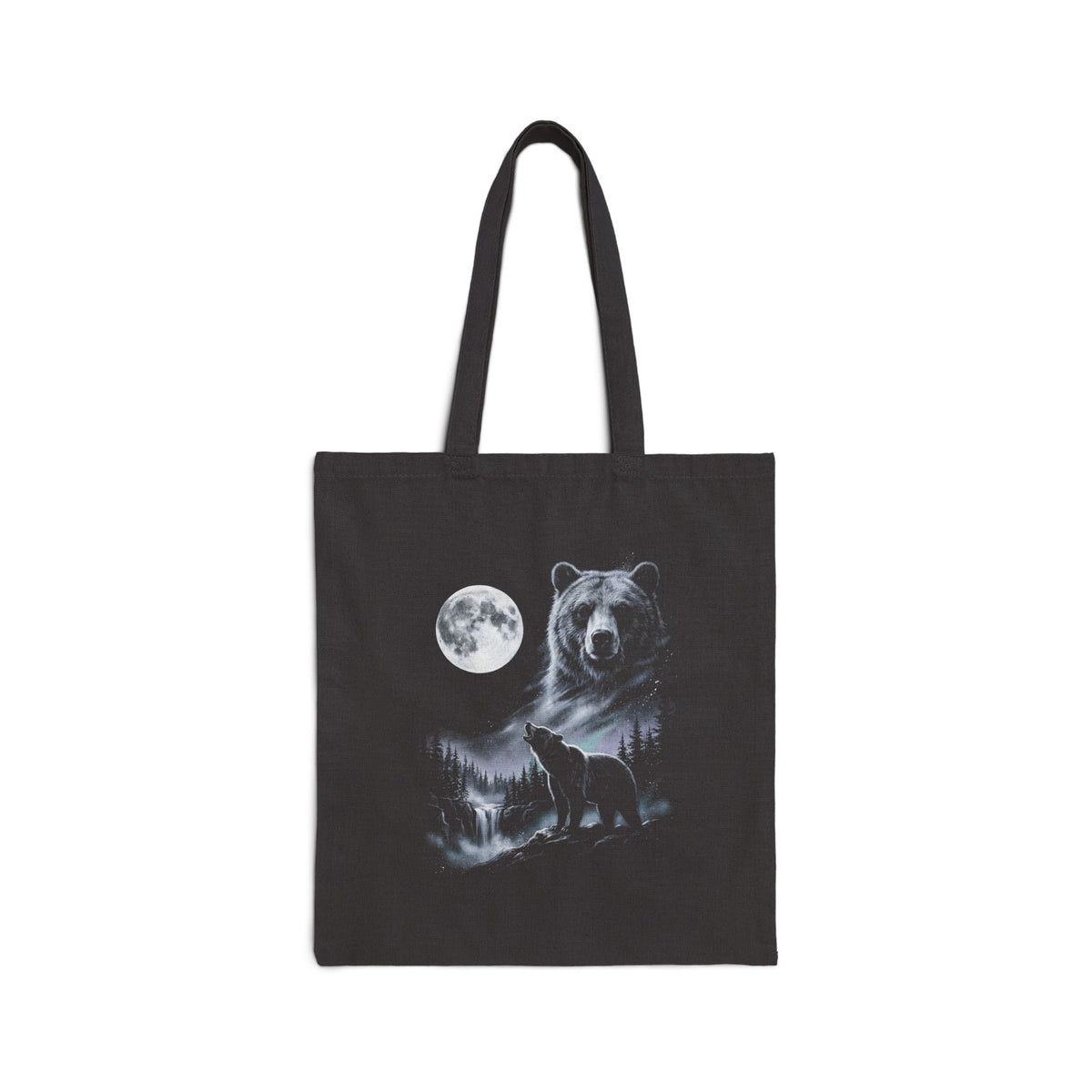 Airbrushed bear howling at a cold moon in white, silver, and ice blue on black, in gritty 1990s nature-tee style.