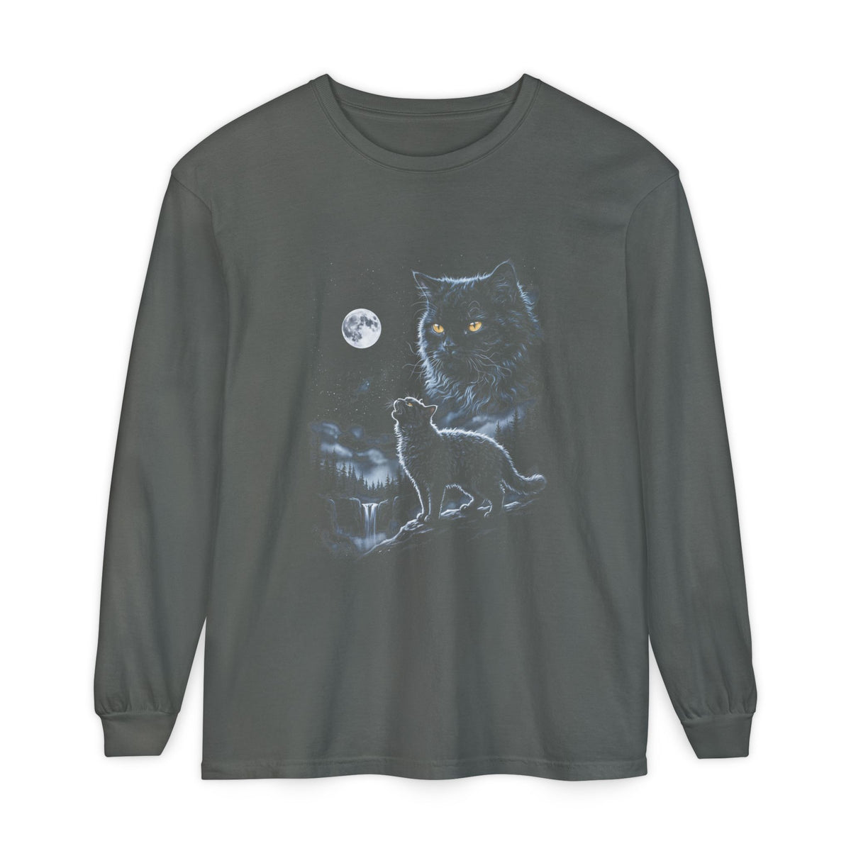 Airbrushed selkirk rex howling at the moon in cool grays and icy blue, 1990s nature-tee style on black
