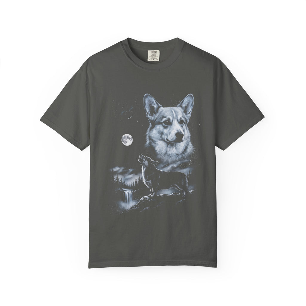 Retro 90s airbrushed corgi howling at a full moon in cold moonlight, printed on a black tee.