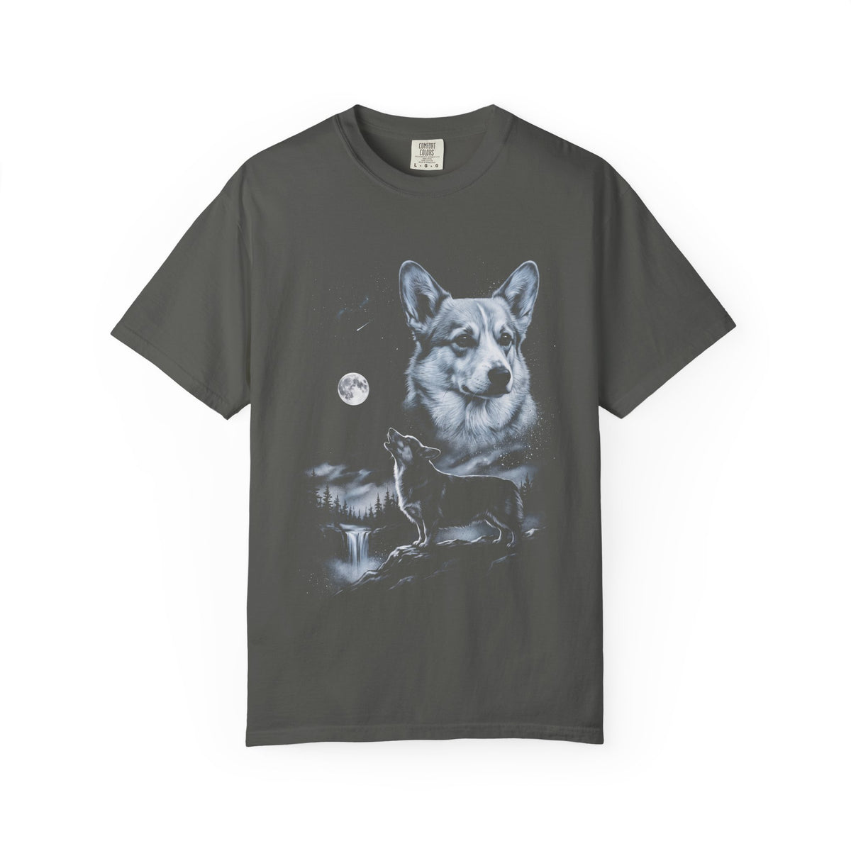 Retro 90s airbrushed corgi howling at a full moon in cold moonlight, printed on a black tee.