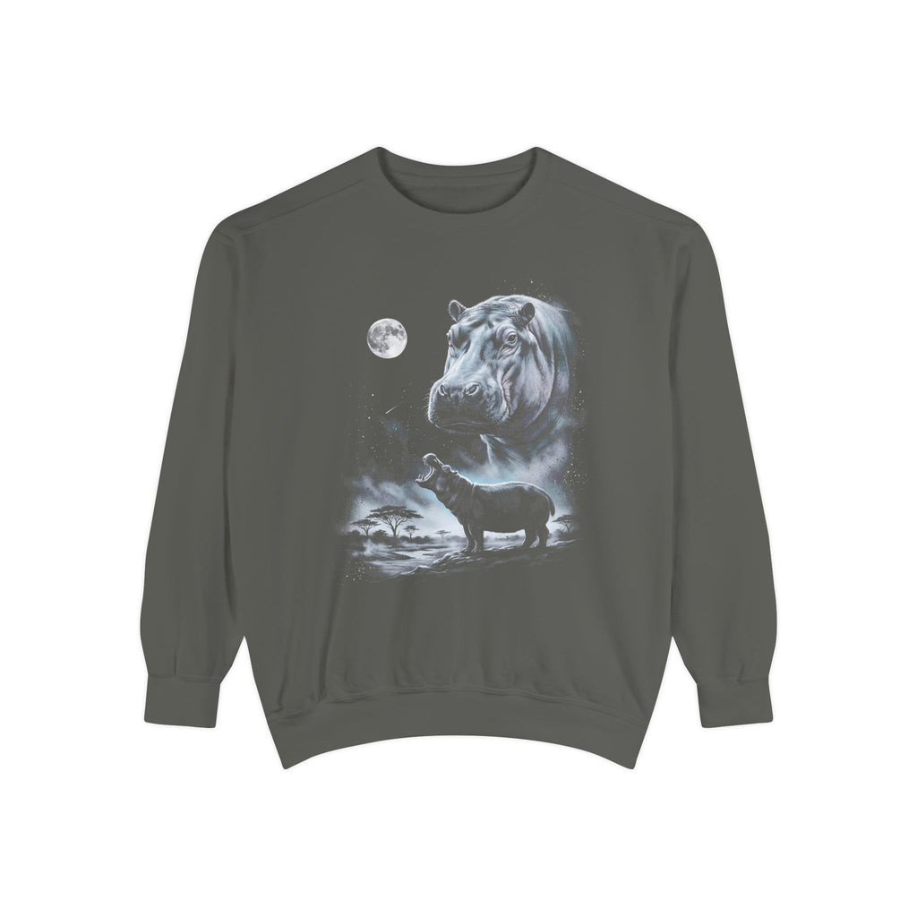 Airbrushed hippo howling at the moon in monochrome blue-grey and violet tones on black, 1990s nature-tee style.