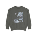 Airbrushed hippo howling at the moon in monochrome blue-grey and violet tones on black, 1990s nature-tee style.