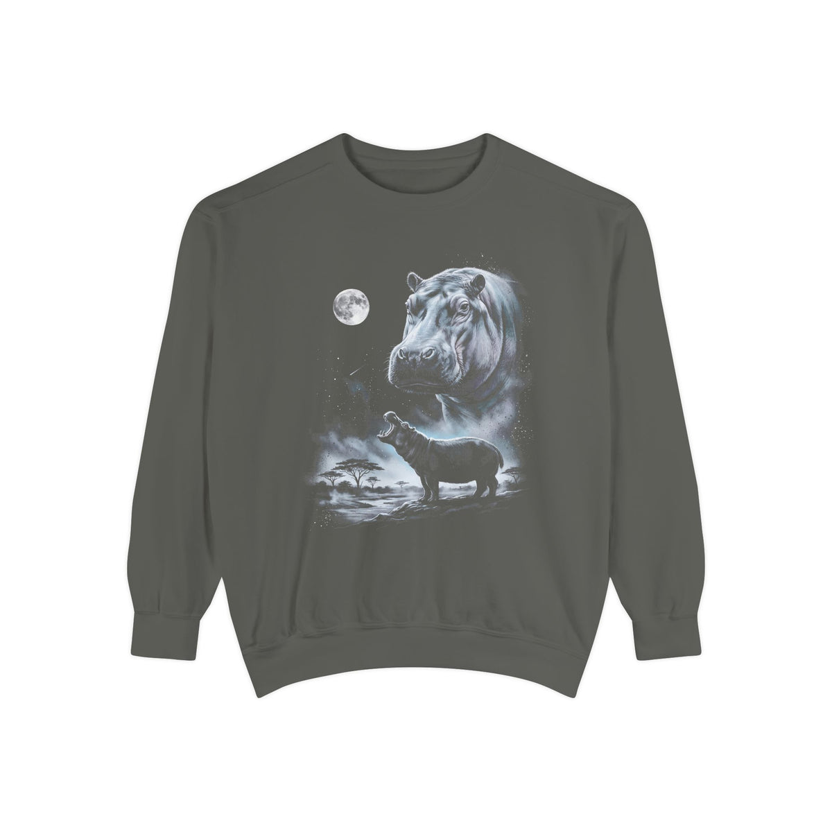 Airbrushed hippo howling at the moon in monochrome blue-grey and violet tones on black, 1990s nature-tee style.
