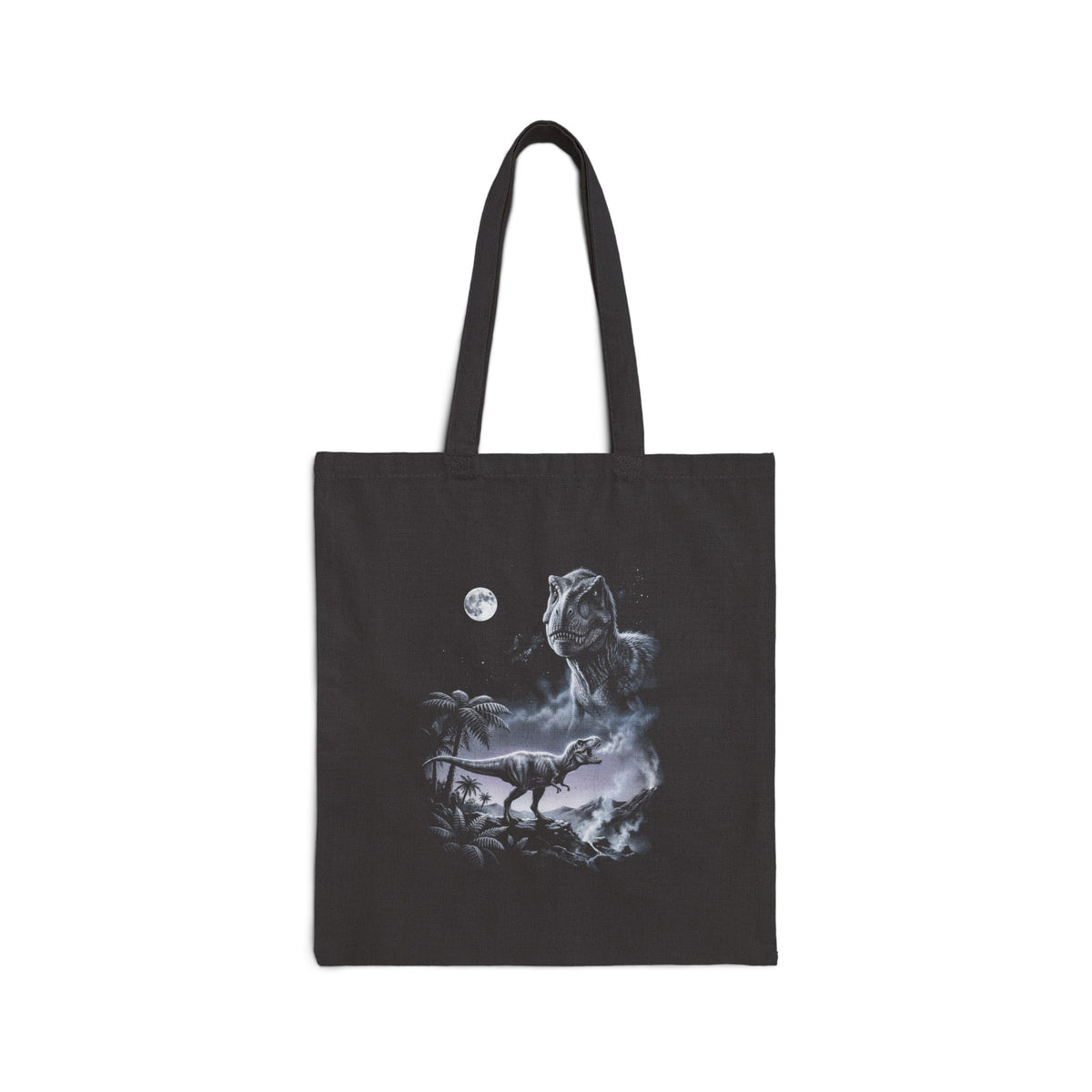 Airbrushed t-rex howling at a full moon in cold monochrome blues and greys, 1990s nature-tee style, on black.