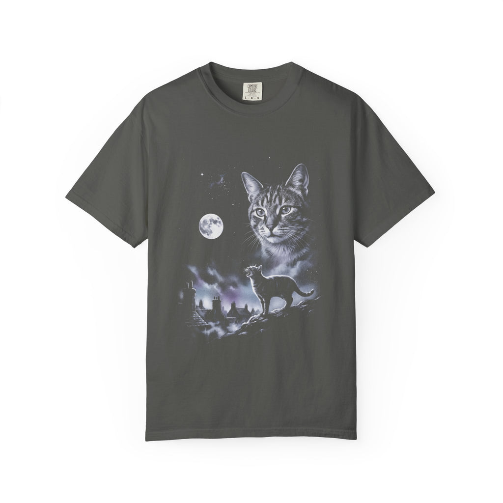 Cold moonlit airbrush illustration of a house cat howling at the moon, in ash grey, silver, and ice blue on black.