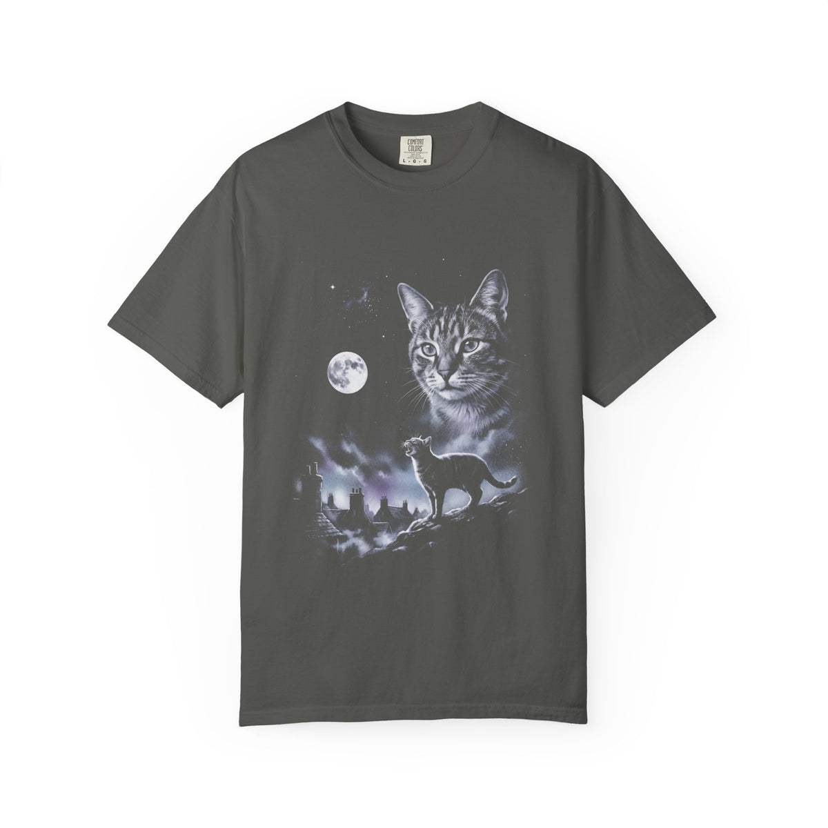 Cold moonlit airbrush illustration of a house cat howling at the moon, in ash grey, silver, and ice blue on black.