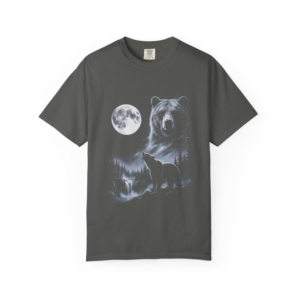 Airbrushed bear howling at a moon in white, silver and ice-blue tones against black, 1990s nature-tee style
