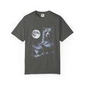 Airbrushed bear howling at a moon in white, silver and ice-blue tones against black, 1990s nature-tee style