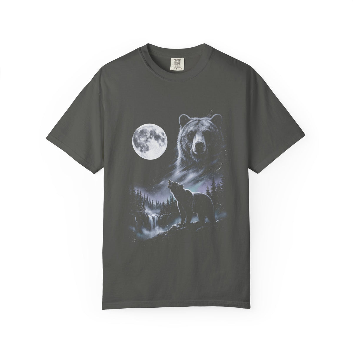 Airbrushed bear howling at a moon in white, silver and ice-blue tones against black, 1990s nature-tee style