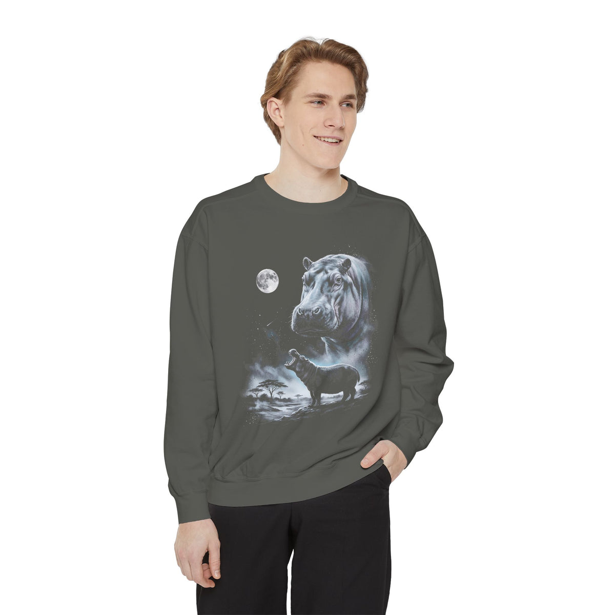 Airbrushed hippo howling at the moon in monochrome blue-grey and violet tones on black, 1990s nature-tee style.